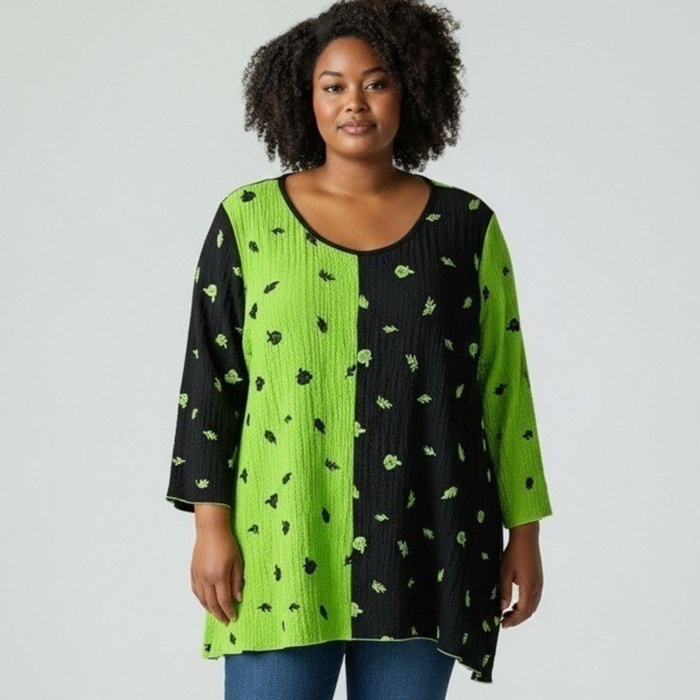 Ali Miles Womens Large Lime Green Black Crinkle Embroidered Tunic Top 3/4 Sleeve
